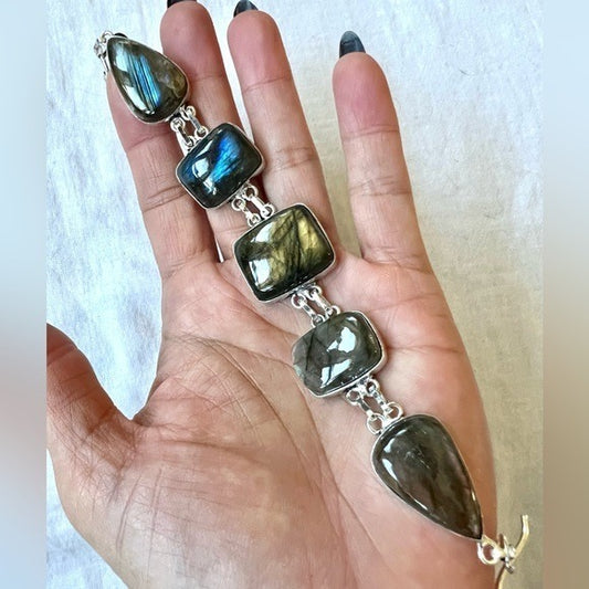 925 Pink Purple Blue + Gold FLASH Labradorite Bracelet