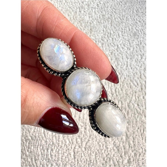 925 Triple Moon! Rainbow Moonstone Ring 6.5