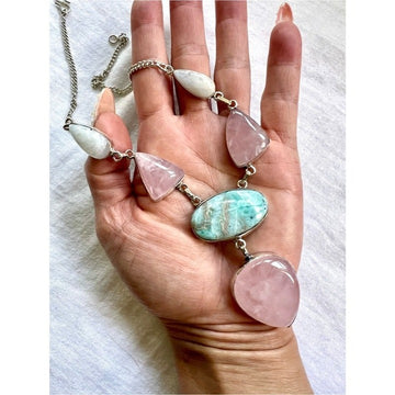 935 Caribbean Larimar + Rose Quartz + Moonstone Goddess Necklace