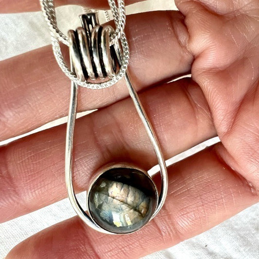 925 Silver Flash Labradorite Dome Necklace Pendant
