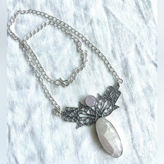 925 Double Hamsa Hand Rose Quartz Necklace Pendant