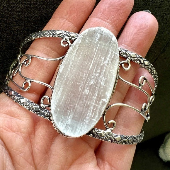 925 RAW SELENITE CRYSTAL CHARGING Cuff Bracelet