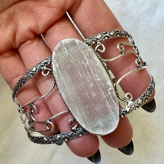 925 RAW SELENITE CRYSTAL CHARGING Cuff Bracelet