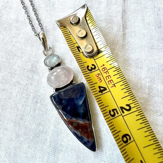 925 Spiritual Sodalite + Flash Moonstone + Rose Quartz Pendant Necklace
