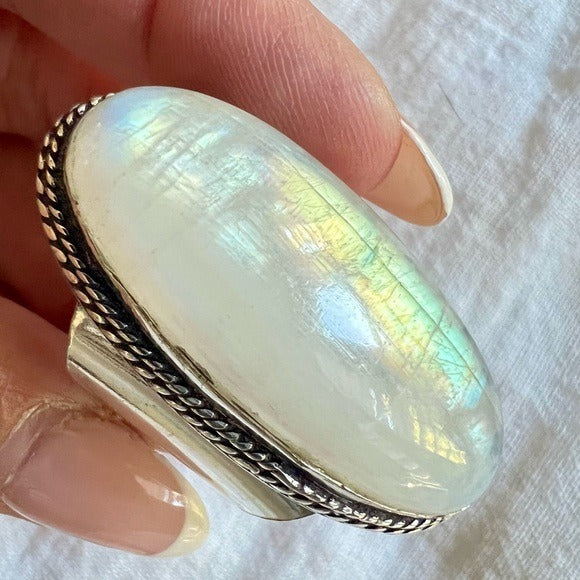 925 MASSIVE! Rainbow Flash Moonstone Statement Ring 10.25
