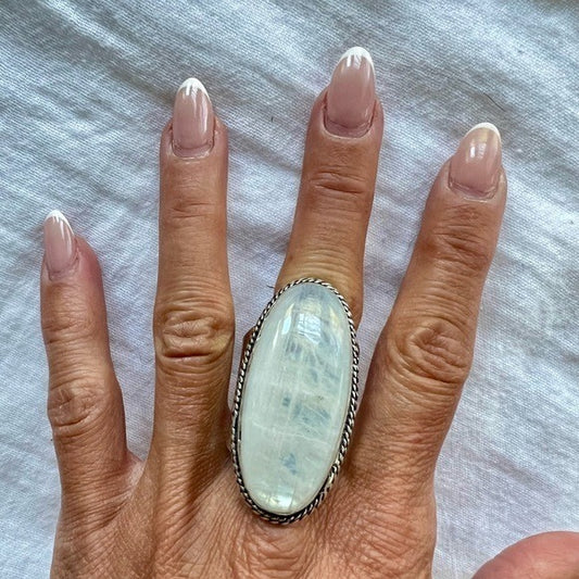 925 MASSIVE! Rainbow Flash Moonstone Statement Ring 10.25
