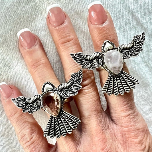 925 Peace Dove Morganite or Rose Quartz Ring 7 3/4, 8 3/4