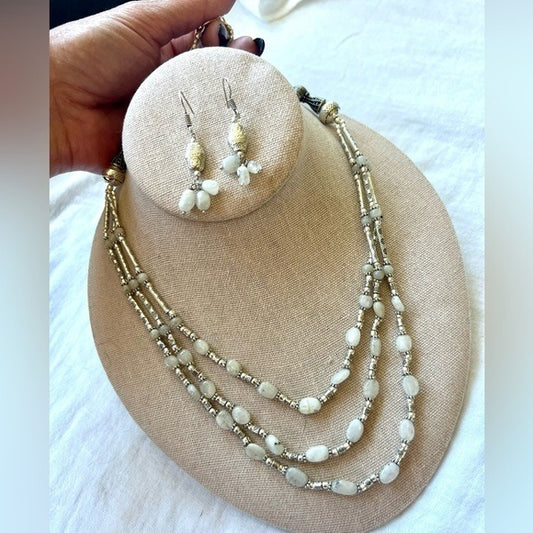 925 Tri-Strand Moonstone Necklace + Earrings SET