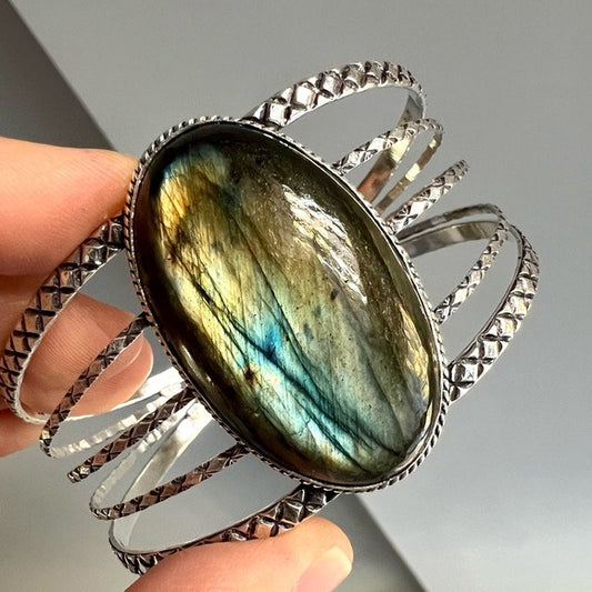 925 INSANELY GORGEOUS Flash Labradorite Cuff Bracelet