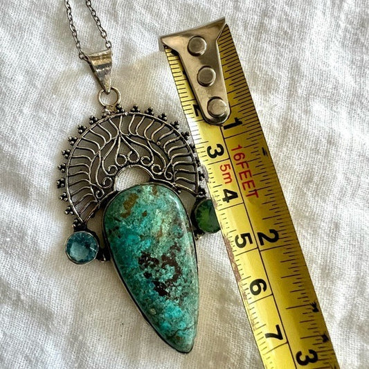 925 Exotic Ornamental Chrysocolla Pendant Necklace