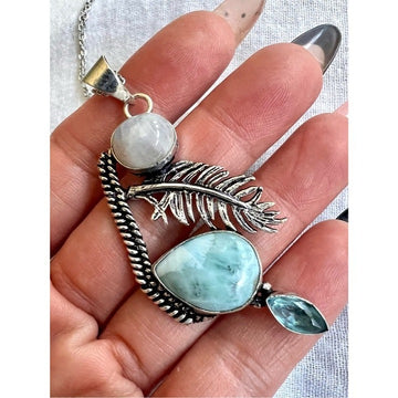 925 Bohemian MOONSTONE + LARIMAR Feather Pendant Necklace
