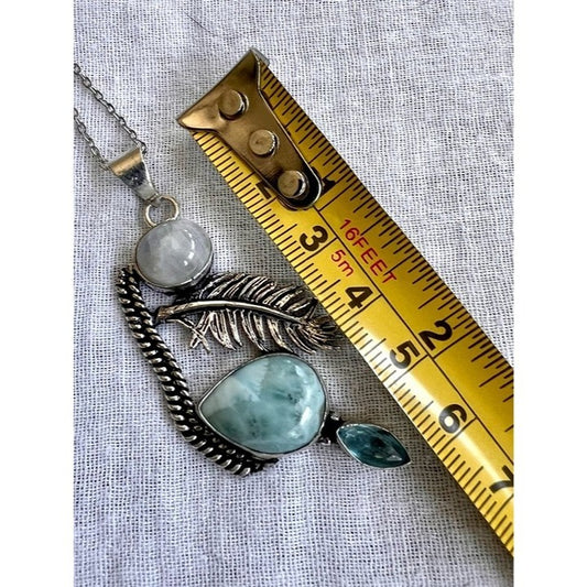 925 Bohemian MOONSTONE + LARIMAR Feather Pendant Necklace
