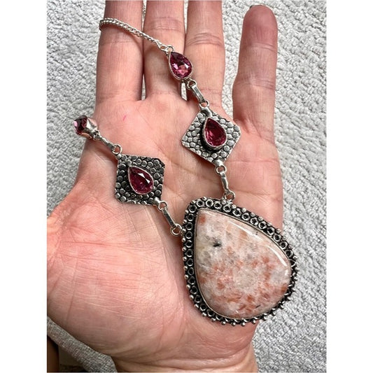 925 Emotional Healing Sunstone + Pink Tourmaline Necklace