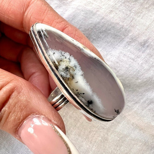 925 OOAK STUNNING! Long Dendritic Agate Ring 8.5