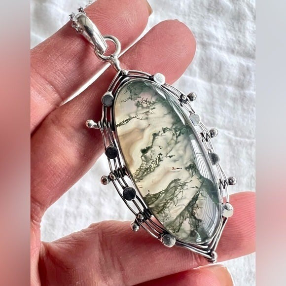 925 Organic Moss Agate Necklace Pendant
