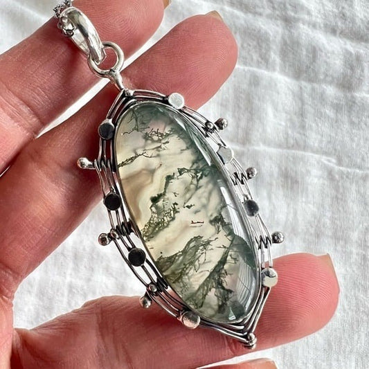 925 Organic Moss Agate Necklace Pendant