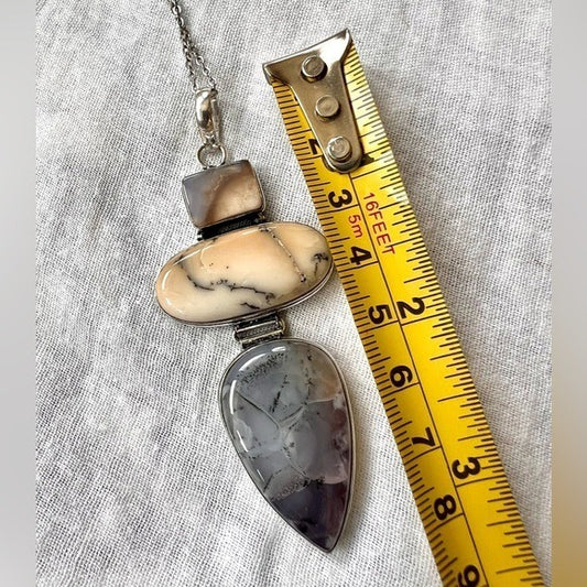 925 Nature Stone Large Dendritic Agate 3 Stone Pendant Necklace