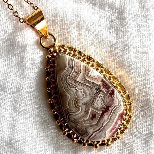 18k Gold Overlay Crazy Lace Agate Pendant Necklace