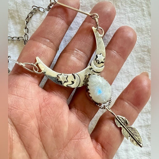 925 STUNNING! Rainbow Flash Moonstone Feather Necklace