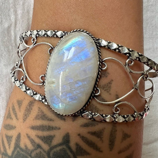 925 OMG Ethereal Rainbow FLASH MOONSTONE Cuff Bracelet