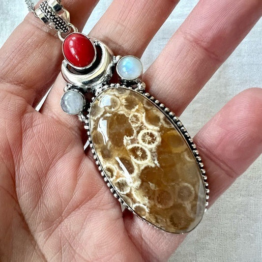 925 OMG OMG Fossil Coral Agate + Rainbow Flash Moonstone MOON Pendant Necklace