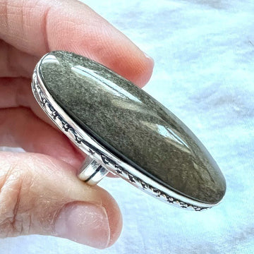 925 Protection Long Obsidian Oval Ring 5.25