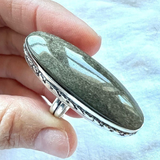 925 Protection Long Obsidian Oval Ring 5.25