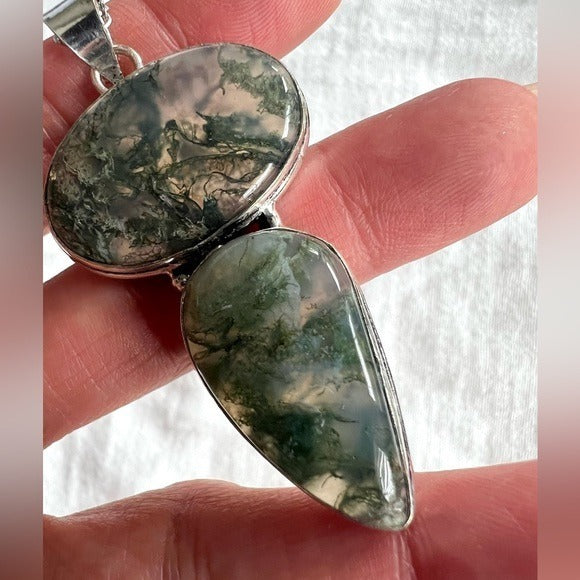 925 EARTH STONE Double Moss Agate Pendant Necklace