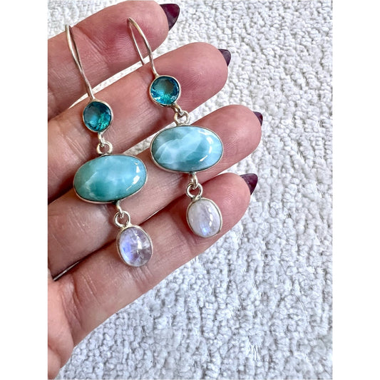 925 Spiritual Harmony B Larimar, Flash Moonstone + Swiss Topaz Earrings
