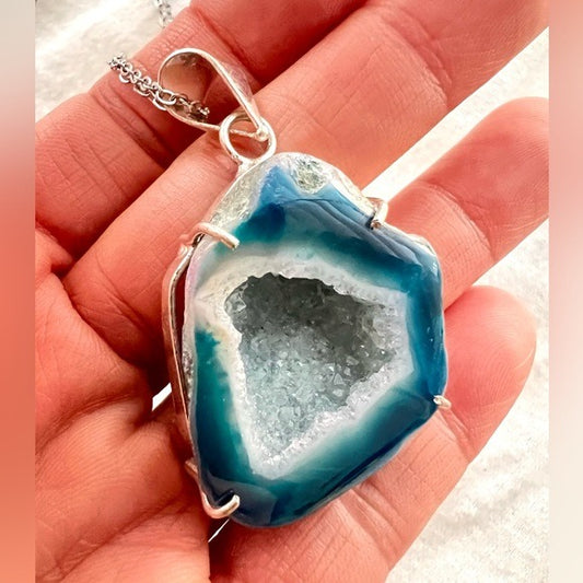 925 Blue Micro Quartz Crystals Solar Agate Necklace Pendant