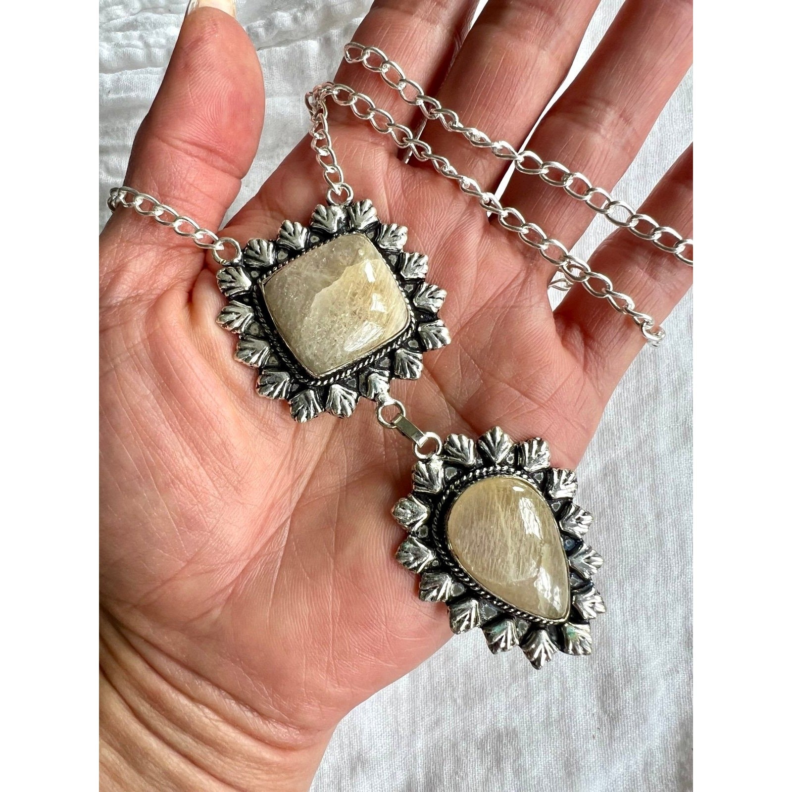 925 Vintage Style Double Peach Moonstone Necklace Pendant