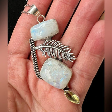 925 Double Rainbow Flash Moonstone Feather Pendant Necklace