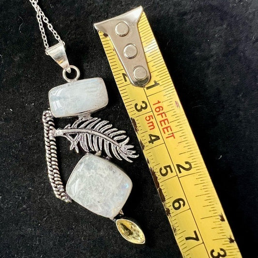 925 Double Rainbow Flash Moonstone Feather Pendant Necklace