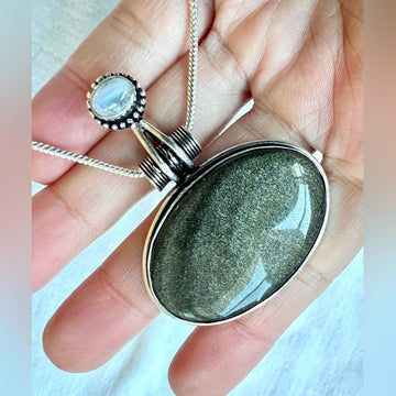 925 Golden Blk Obsidian + Rainbow Flash Moonstone Necklace Pendant