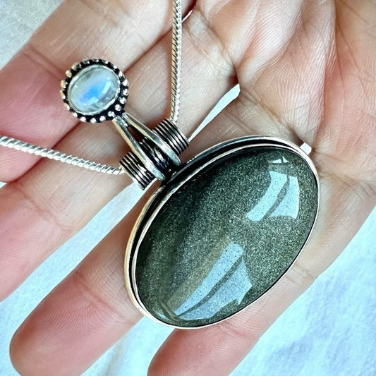 925 Golden Blk Obsidian + Rainbow Flash Moonstone Necklace Pendant