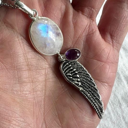 925 Rainbow Flash Moonstone Feather Wing  + Amethyst Lucky Pendant Necklace