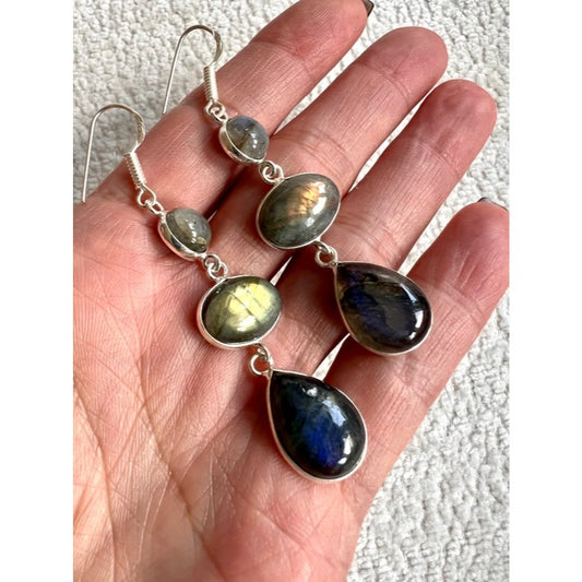 925 Northern Lights Flash Labradorite Triple Drop Earrings