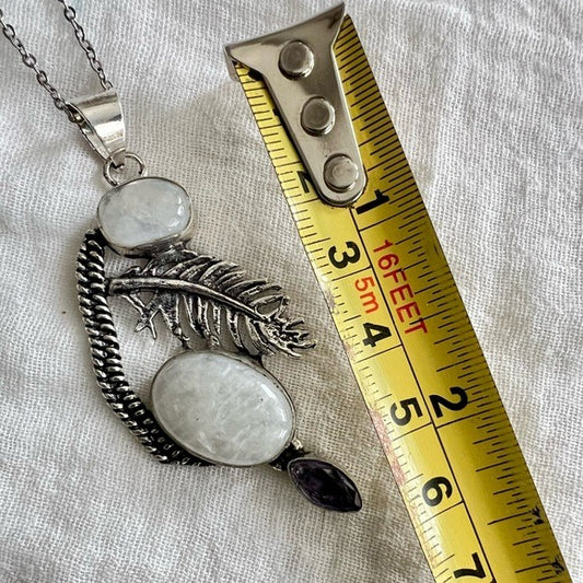 925 Angelic Rainbow Flash Moonstone Feather Pendant Necklace