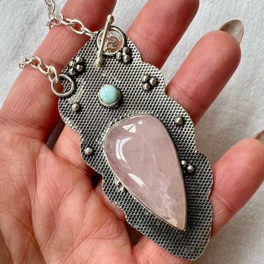 925 Rose Quartz + Larimar Statement Toggle Necklace