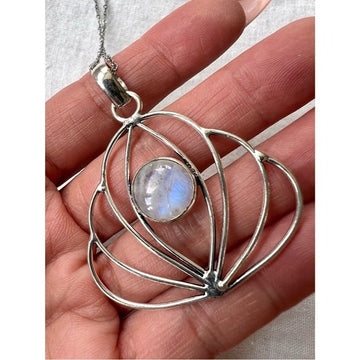 925 Namaste Lotus Rainbow Flash Moonstone Necklace Pendant