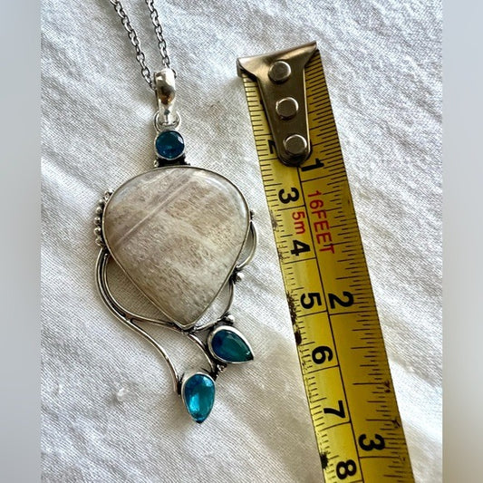 925 Blue Flash Peach Moonstone + Topaz Necklace Pendant