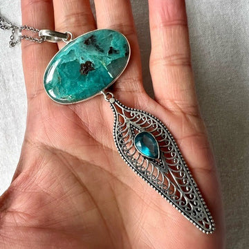 925 Teaching Stone Chrysocolla + Topaz Chandelier Pendant Necklace