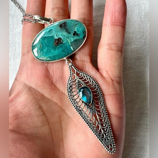 925 Teaching Stone Chrysocolla + Topaz Chandelier Pendant Necklace
