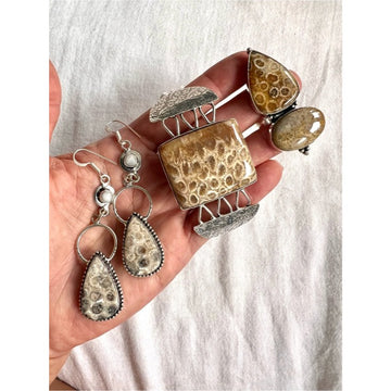 925 OMG OMG Amber Petoskey Stone Fossil Cuff Bracelet