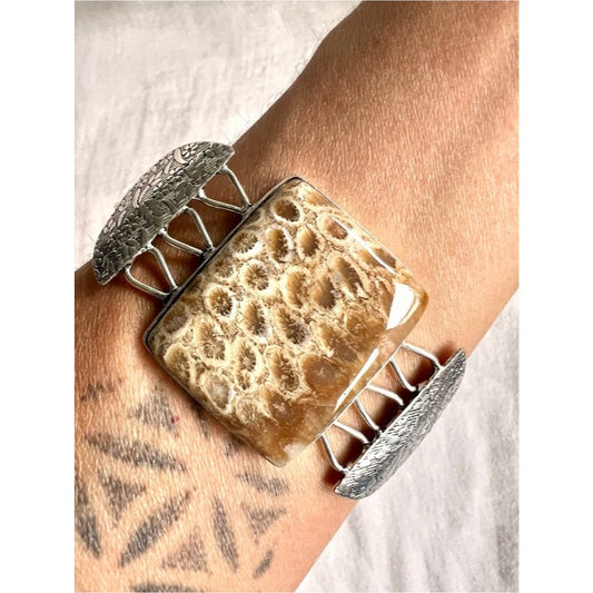 925 OMG OMG Amber Petoskey Stone Fossil Cuff Bracelet