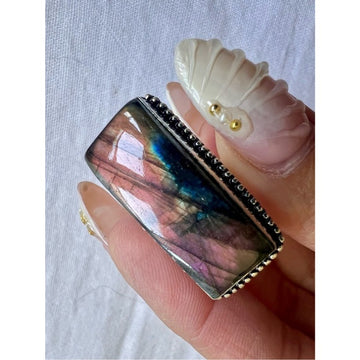 925 PINK FLASH LABRADORITE Long Ring 8.5