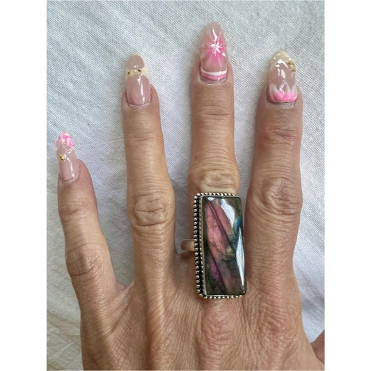 925 PINK FLASH LABRADORITE Long Ring 8.5