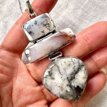 925 GORGEOUS! 3 Stone Dendritic Agate Pendant Necklace