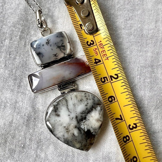 925 GORGEOUS! 3 Stone Dendritic Agate Pendant Necklace