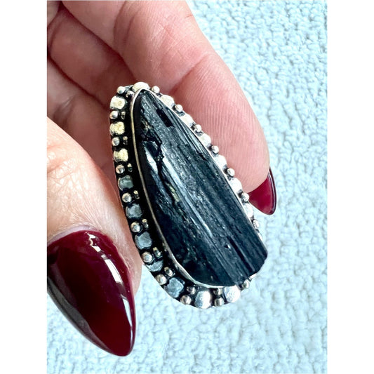 925 Spiritual Protection RAW Black Tourmaline Ring 8.5